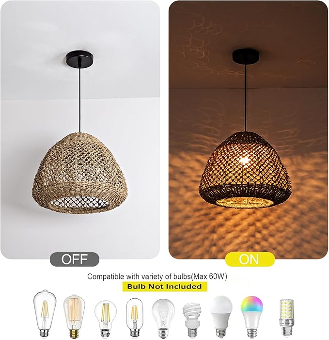Rattan Pendant Light,15" Rustic Hand-Woven Boho Wicker Hanging Light Water Plants Rattan Chandelier for Kitchen Farmhouse Dining Living Bedroom Gazebo