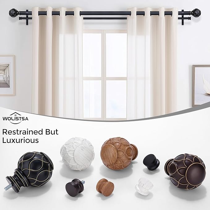 Black Double Curtain Rod, 72 to 144 Inch Extra Long Dual Curtain Rods with Boho Netted Texture Finial, Decorative 1 Inch Adjustable Window Treatment Rod, Antique Vintage Farmhouse Double Drapery Pole