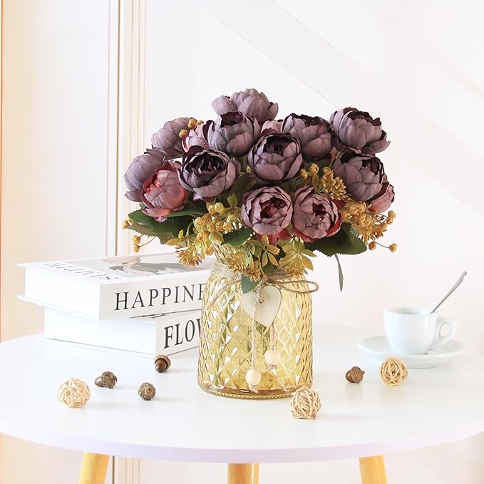 Faux Flowers in Vase,Fake Flowers in Vase 21 Pcs Faux Peony Flowers,Artificial Flowers for Home Decor, Indoor Centerpiece for Living Room & Dining Table (Purple Red)
