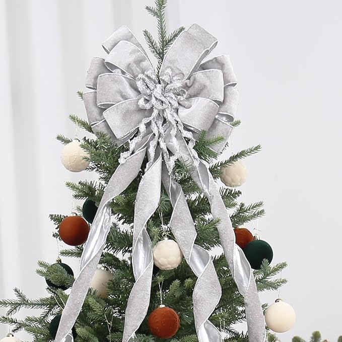 SY Super Bang Velvet Christmas Tree Topper, Silver/Gold 48x12 Inch Christmas Bow Tree Topper for Xmas Tree Decorations, for Xmas Ornaments Holiday Home Indoor/Outdoor Wedding Thanksgiving Decor.