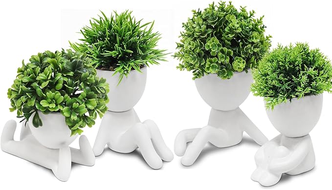 MAKHOT 4 Packs Creative Fake Plants Artificial Succulents Plants in Ceramic Human Shaped Pots, Cute Faux Succulents Mini Plant for Room Bathroom Home Office Desk Accessories Decor(White)
