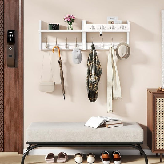 YMYNY 31.5" Coat Rack Wall Mount with Shelf, 4 in 1 Key and Coat Hanger with 12 Metal Hooks, Wall Shelf with Hooks & Mail Holder for Living Room, Bedroom, White, HWS007W-2
