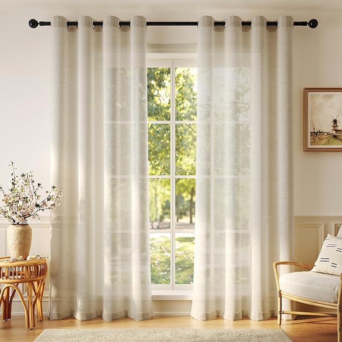 Anmao Flax Linen Curtains for Living Room 63 Inch Length 2 Panels Set, Light Filtering Sheer Window Curtain Drapes for Bedroom with Nickel Grommet, 52 Inch Wide Each Panel, Linen Color