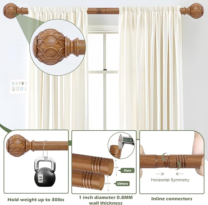 Wood Curtain Rods 66 to 120 Inch,1 Inch Adjustable Long Curtain Rod,Netted Wooden Window Curtain Rods,Farmhouse Rustic Heavy Duty Brown Wood Grain Decorative Drapery Rods 66-120"