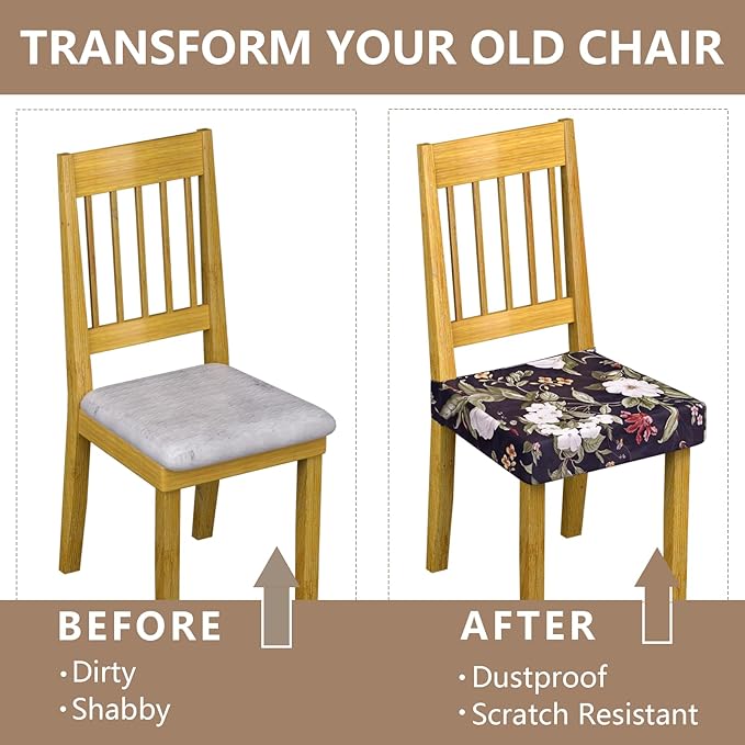 Stretch Dining Chair Seat Covers Set of 2,Dining Chair Slipcovers, Floral Printed Chair Covers,Soft Fabric Washable Upholstered Chair Seat Protector, No Rear Covers for Home Kitchen Dining Room
