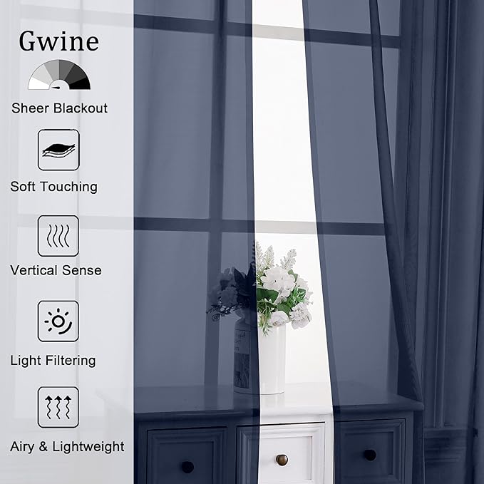 Gwine Navy Blue Sheer Curtains 30 Inch Length, Short Light Filtering Voile Small Cafe Kitchen Curtains with Rod Pocket, Short Curtain for Bathroom Window, 42x30 Inch, 2PCS