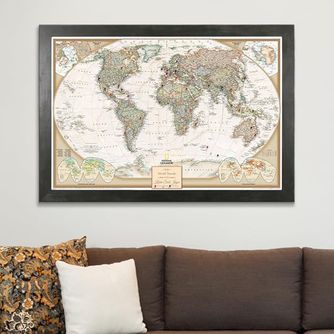 Canvas Executive World Map Pin Board – Framed Travel Map with Pins for Wall – Personalized Push Pin World Map for Tracking Journeys – 27.5" x 39.5" Rustic Black Frame