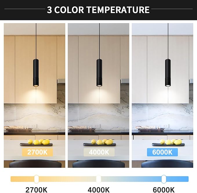 OKELI Black Pendant Light,LED Modern Pendant Lights Fixtures,3 Color Pendant Lighting for Kitchen Island, Bar,15W,2700K-6000K,ETL