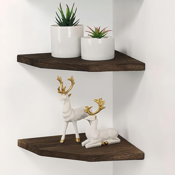 Joiishom Wood Corner Wall Shelves Set of 2, Solid Wood Corner Floating Shelves, Round End Wall Mounted Floating Corner Shelf for Bedroom, Living Room and Kitchen. (Brown-12 inch)