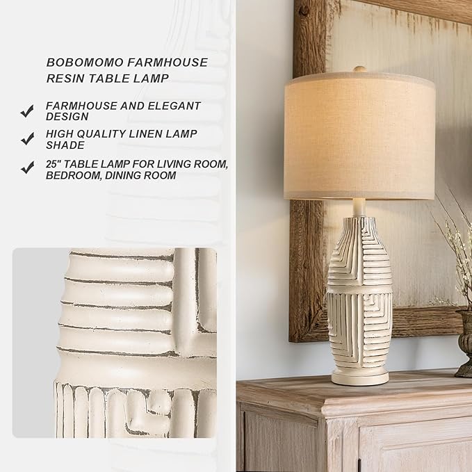 BOBOMOMO 25" Rustic Farmhouse Table Lamps Set of 2, Vintage Resin Nightstand Lamps with Fabric Shades, Retro Bedside Lamps for Bedroom, Living Room, Dining Room, Home Decoration