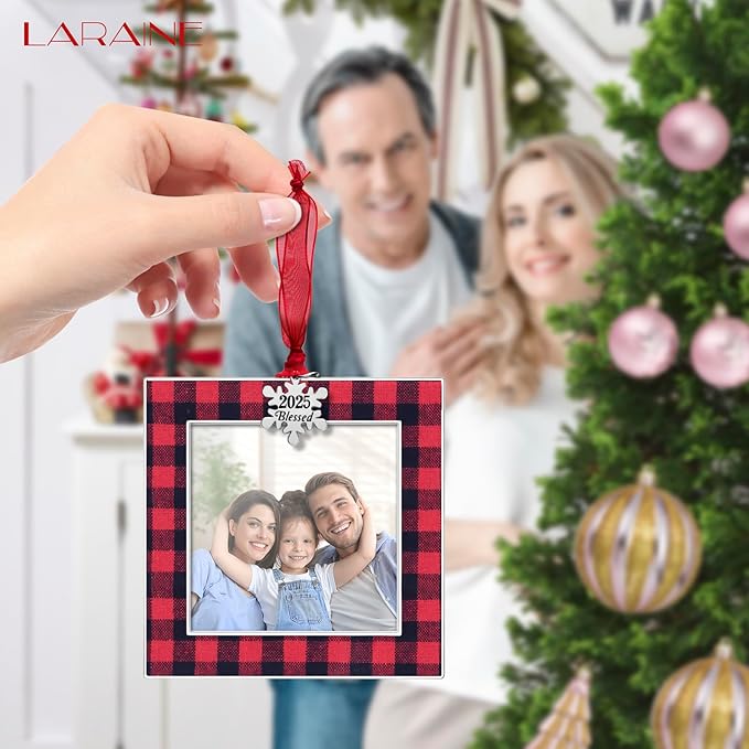 Laraine Christmas Tree Ornaments 3 Pieces – Decorative Hanging 2025 Plaid Pendant with 2.5” Picture Frame Insert Pet Holiday Keepsake Gift (Plaid-Red&Black (2025))