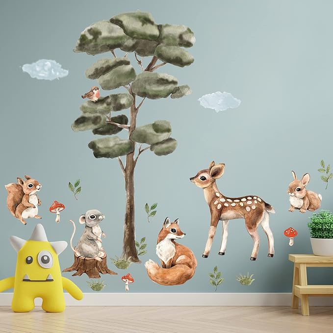 Amaonm 2 Sheet of 12x24 inch Watercolor Forest Tree Wall Decal Woodland Deer Squirrel Fox Wall Stickers 3D DIY Peel and Stick Jungle Wild Animal Pine Wall Decor for Kids Boys Bedroom Playroom Living Room Classroom Decoration (Tree animal)