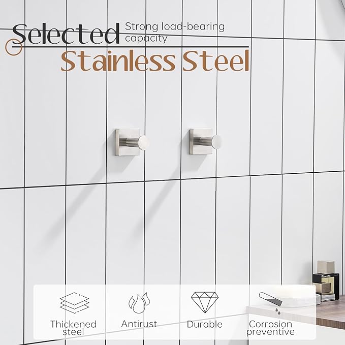KOKOSIRI Robe Hooks for Bathrooms Wall Brushed Nickel Bath Towel Hook Holder for Shower Hanging Kitchen Accessories Stainless Steel 2 Pack, B1016BR-P2