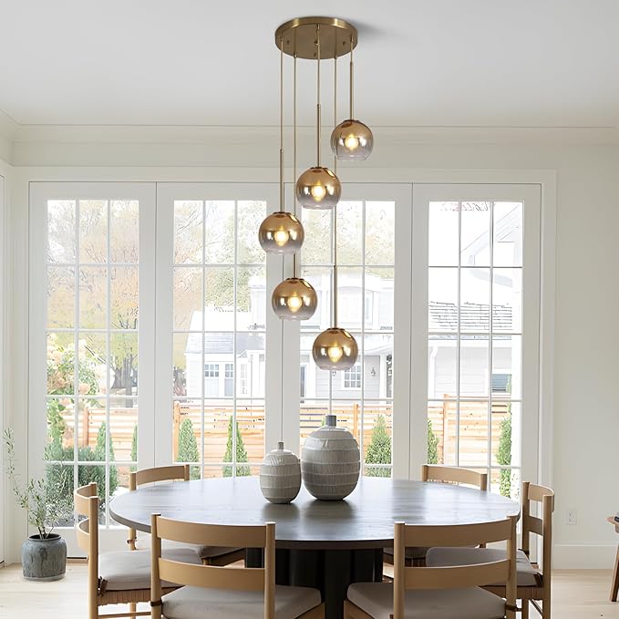KCO Lighting 5 Light Cluster Pendant Light Gold Glass Pendant Light Mid Century Modern Dining Room Light Fixture Round Cluster Pendant Light Large Globe Chandelier Light Fixture