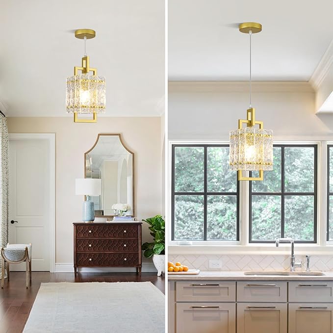 Gold Pendant Light Fixture - Modern Kitchen Island Water Ripple Glass Square Light - Adjustable Hanging Lighting for Kitchen Dining Room Over Island - 1 Pack