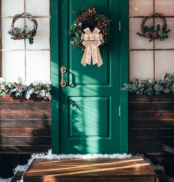 Large Merry Christmas Bow for Wreath, Glitter Rose Gold Wreath Bow for Christmas Décor Winter Bow for Front Door Indoor Outdoor Wall Tree Topper Decoration Supplies Xmas Hanging Ornament