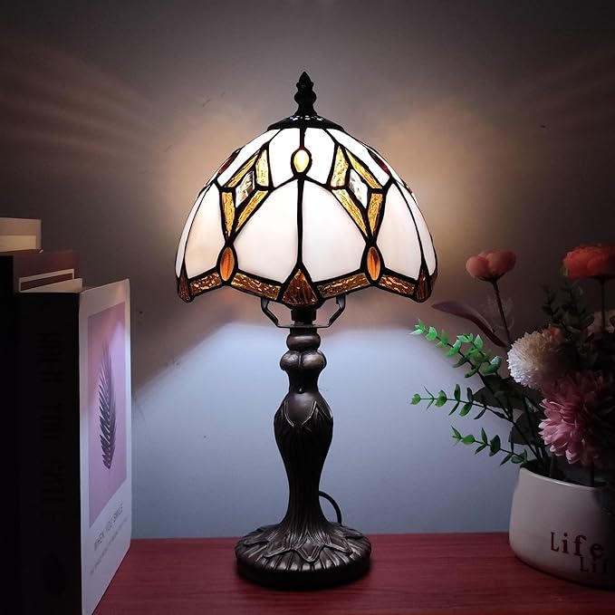 Tiffany Table Lamp Yellow Brown Stained Glass Reading Light 3-Way Small Decorate Lamp for Home Living Room Nightstand Bedroom Office Include Light Bulb