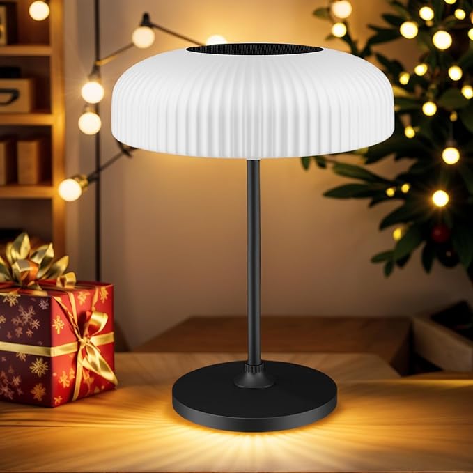LED Solar Table Lamp, IP65 Waterproof, Touch Control, 3 Modes, USB-C Charging, White Dome Shade with Black Base, Indoor Outdoor Use (White)