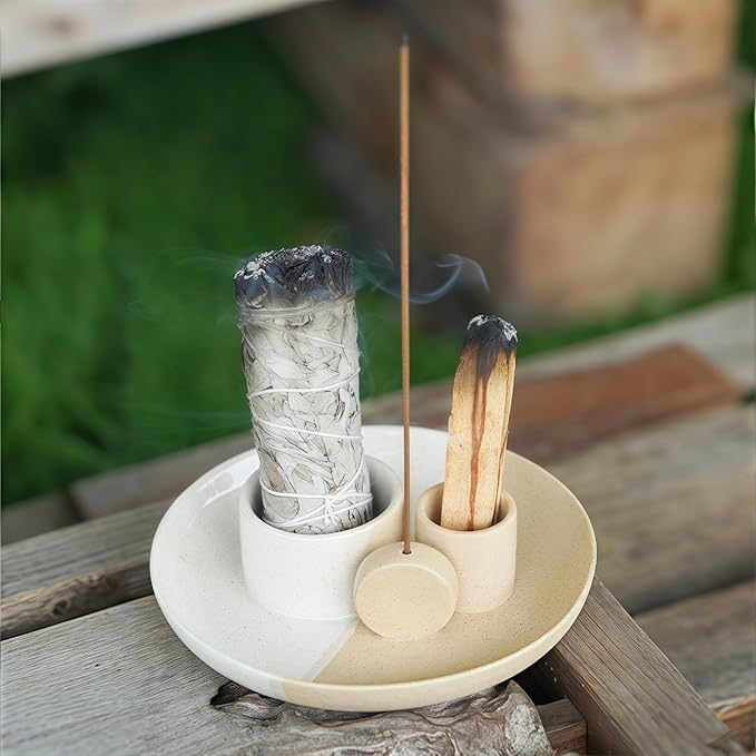 4 in 1 Incense Holder, Ceramic Incense Stick and Palo Santo Holder,Sage Holder for Burning- 5.5" Ceramic Ash Catcher Tray for Meditation and Yoga Room (Sun White Sand)