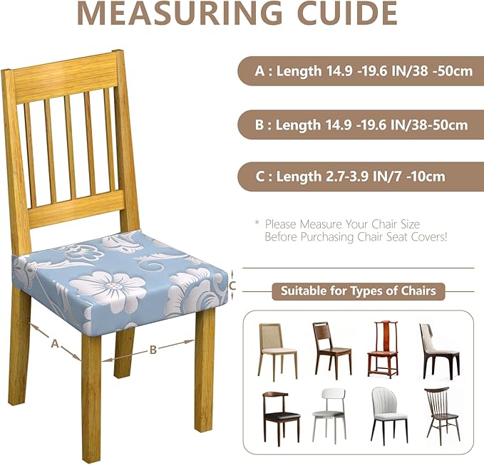 Stretch Dining Chair Seat Covers Set of 6,Dining Chair Slipcovers, Floral Printed Chair Covers,Soft Fabric Washable Upholstered Chair Seat Protector, No Rear Covers for Home Kitchen Dining Room