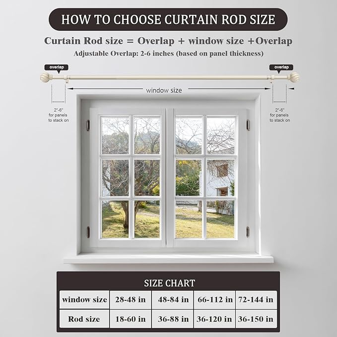 Oneach White Curtain Rods for Windows 48 to 84 Inch, 7/8" Adjustable Heavy Duty Decorative Drapery Rods with Round Netted Texture Finials (Pack of 1, 36 to 88 Inch)