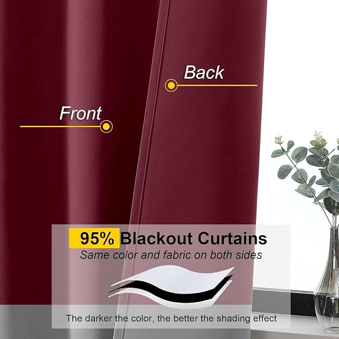 Burgundy Room Darkening Curtains for Bedroom Living Room 45 Inch Length 2 Panels Set, Soft Solid Thermal Insulated Rod Pocket Short Curtains Drapes, Burgundy, 2PCS Each 40" Wx45 L