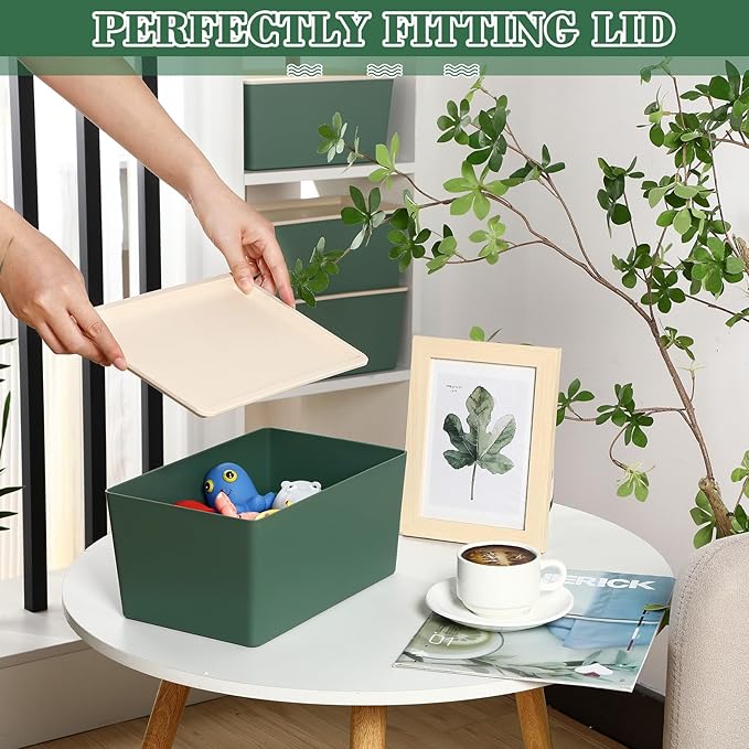 Menkxi 4 Pcs Storage Bins with Lids Plastic Stackable Containers for Organizing Shelves Christmas Ornament Box Baskets(Green,Large)