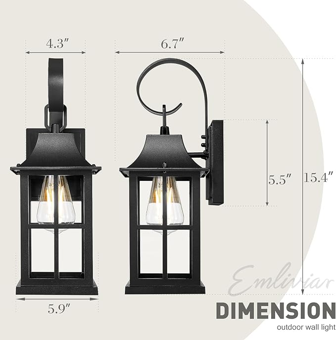 Emliviar Outdoor Porch Light Wall Mount, 15.4 Inch Patio Wall Light Fixture in Black Finish, Outside Light with Clear Glass for Garage, YXE306B BK