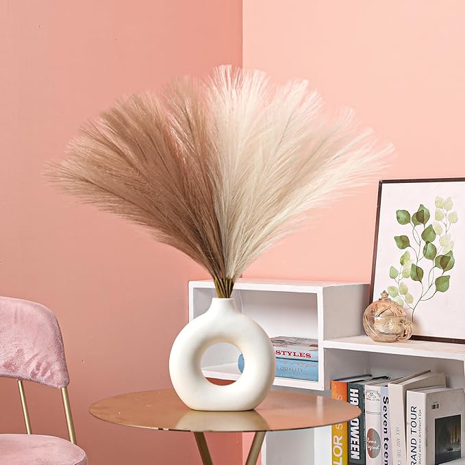 Faux Pampas Grass Decor 17.7 Inch 30pcs, Artificial Pampas Grass Fluffy Home Decor, Short Vase Room Decor pompous Grass Flower Arrangement for Boho Home Wedding Decoration (Light Brown,Beige)
