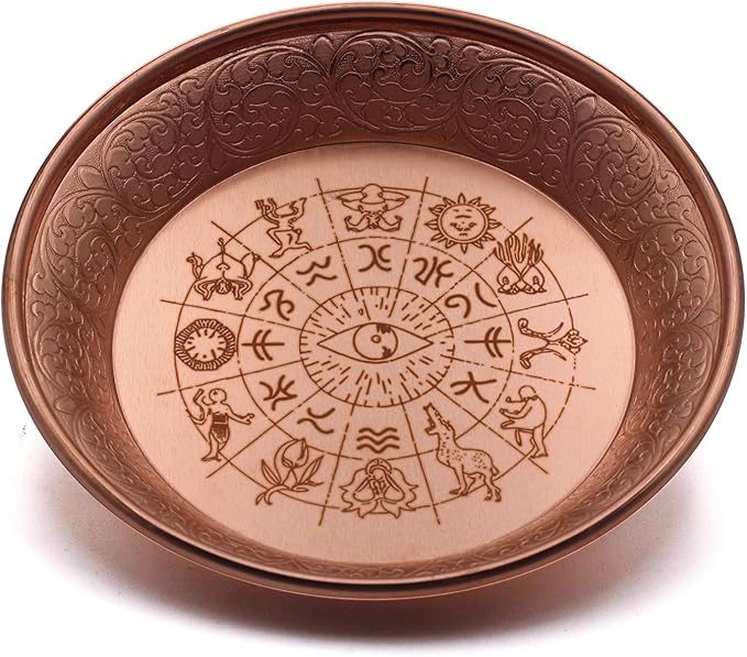 Copper Offering Prayer Ritual Bowl - Carving Twelve Tonstellations Brass Decorative Plate Great for use Smudging, Incense Burner Holder,Candle Dish, Ash Catcher,Jewelry Dish,Keys Basket