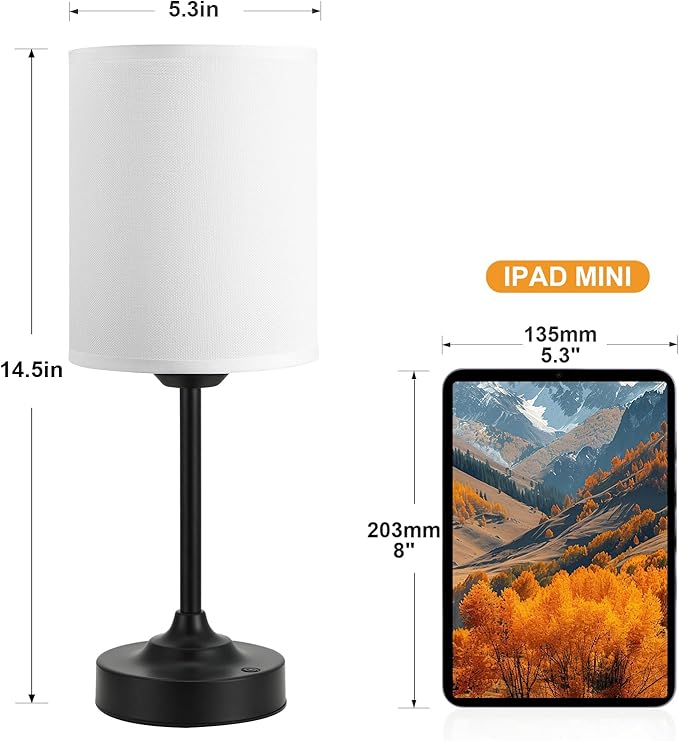 Touch Control Cordlss Table Lamp, USB-C Rechargeable Lamp with Stepless Dimming, 4000mAh Battery Operated Bedside Lamp for Bedroom, Living Room, Night Light & Emergency Lighting, Black, 2 Pack