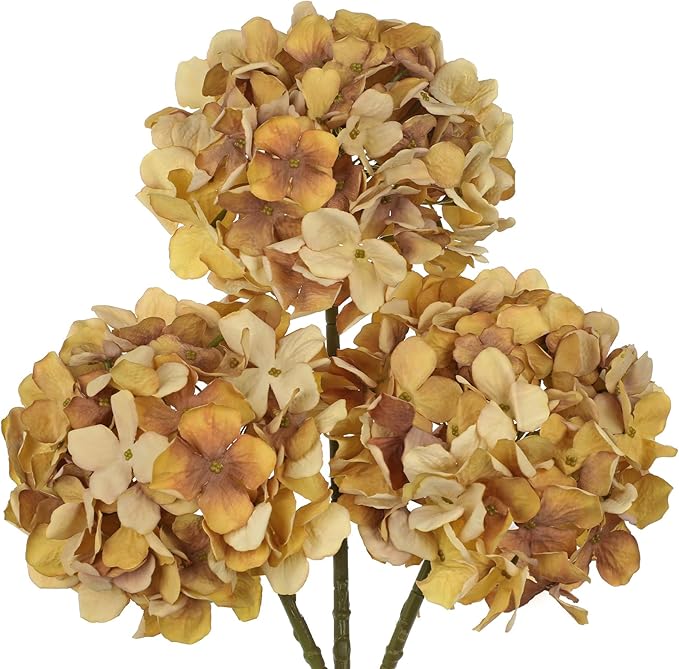 Oairse Fall Brown Hydrangea Artificial Flowers, 19.6in Dried Textured Silk Hydrangea Flowers with Stems 3 Pcs Fake Flower Bouquet Faux Floral Stems Artificial Flower Bulk for Table Wedding Home Decor