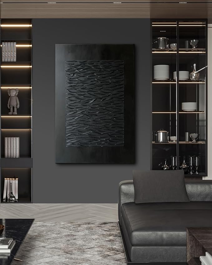 Creespi Hand Painted Black Abstract Wall Art 30x45 inches,Modern Minimalist Textured Canvas Oil Painting for Home Wall Décor