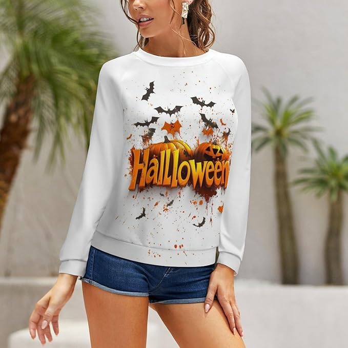 Halloween Sweatshirts for Women Funny and Spooky Print Crewneck Oversized Pullover Outdoor Lounge Fashion Sweater