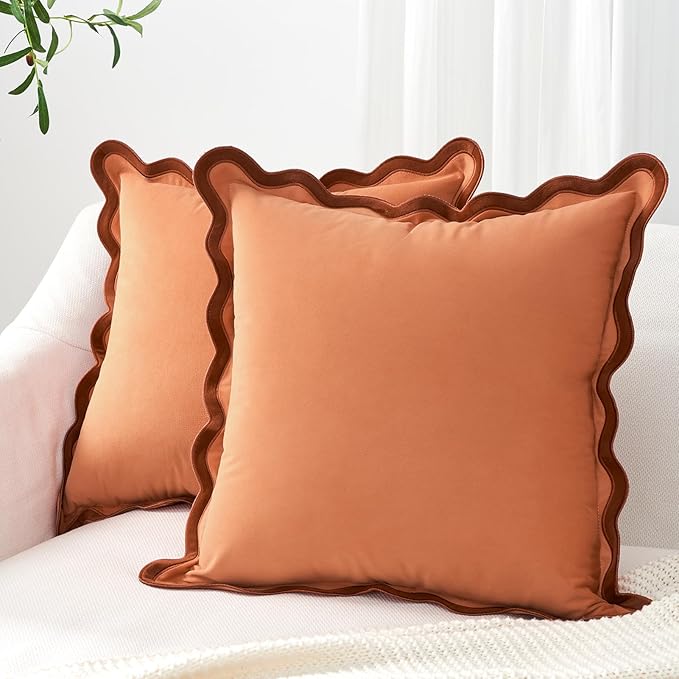 MONDAY MOOSE Decorative Throw Pillow Covers Cushion Cases, Set of 2 Soft Velvet Scalloped Wavy Edge Designs, Mix and Match for Home Decor, Pillow Inserts Not Included (16x16 inch, Rust/Coral)
