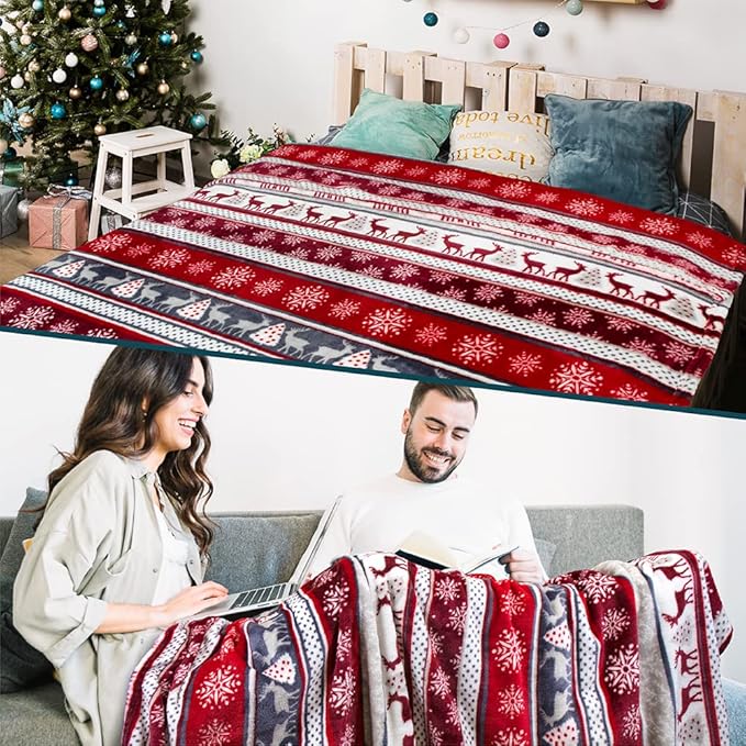 Pavilia Holiday Reindeer Snowflakes Fleece Throw Blanket | Soft, Plush, Warm Winter Cabin Throw, 50x60, Red