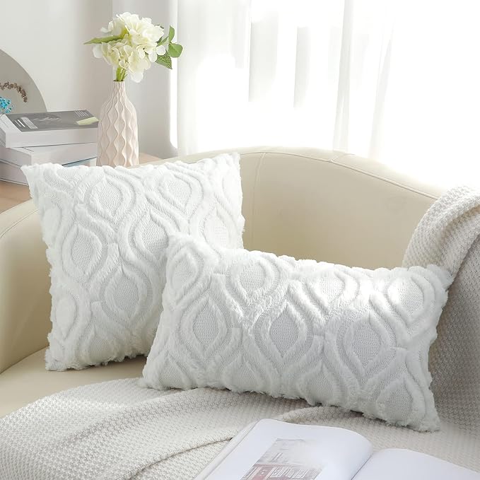decorUhome Throw Pillow Covers 20x20 Inch Set of 2, Soft Plush Faux Wool White Solid Couch Pillow Covers, Accent Farmhouse Neutral Square Pillow Cases for Sofa Bed Living Room