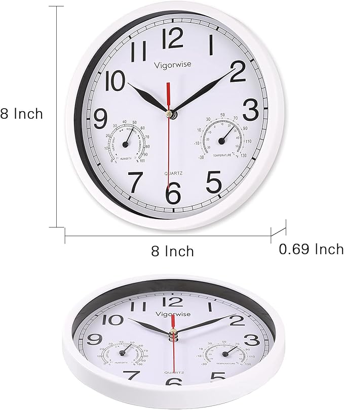 8 Inch White Wall Clock, Sweep Silent Movement Accurate Clocks with Temperature & Humidity, Decorative for Kitchen/Living Room/Bedroom/Office/School/Classroom