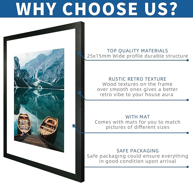 24x30 Frame Set of 2, Rustic Black Wood Style - Display 18x24 Picture Frame with Mat or 24 x 30 Poster without Mat, Wall Mounting Horizontal and Vertical