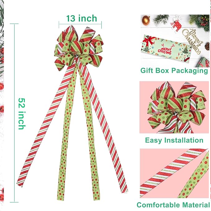 Christmas Tree Topper Wreath Bow Large Green Christmas Bow Tree Topper with Red Green Dot Patterned Gift Bows for Xmas Ornament Holiday Home Thanksgiving Indoor/Outdoor Decoration 52"x13"