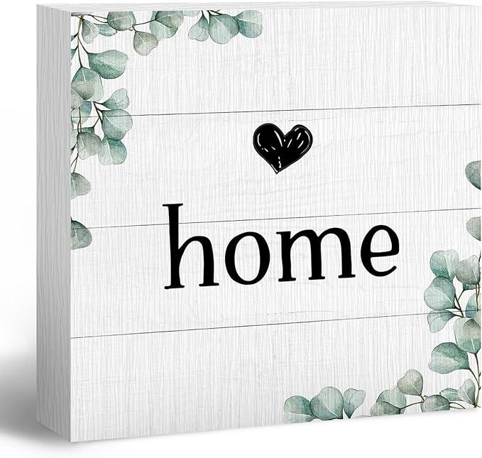 Home Sign, Home Signs for House Decor, Welcome Sign, Rustic Farmhouse Desk Decor Wood Block Box Plaque for Living Room Wall Shelf, Housewarming Gifts (Green)