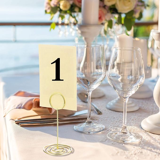 TecUnite 24 Pieces 3.35 Inch Table Number Holder Place Card Photo Holder Picture Name Menu Clips Memo Cards Stand for Wedding Reception Anniversary Birthday Party Centerpieces (Gold)