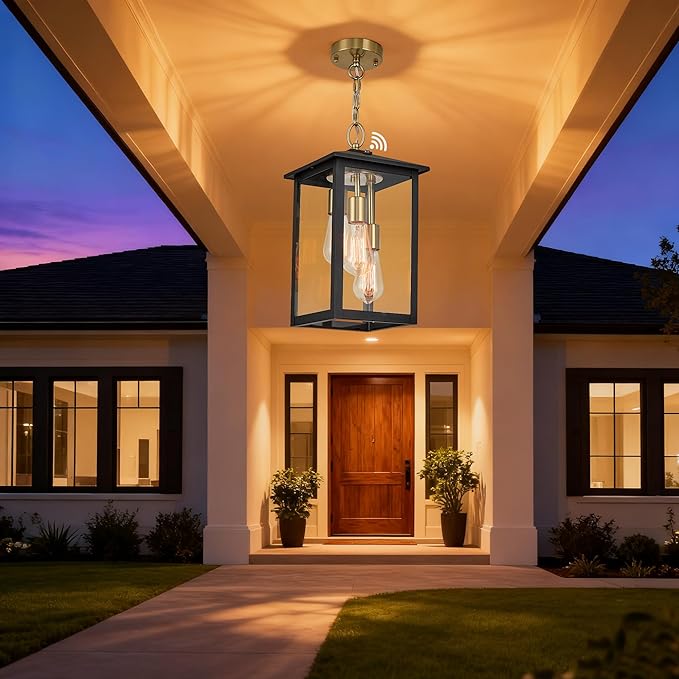 17IN Large Dusk to Dawn Outdoor Pendant Light 3-Light, Modern Black Metal Outside Chandelier Exterior Hanging Fixture Ceiling Mount with Clear Glass for Front Porch Entrance Entryway