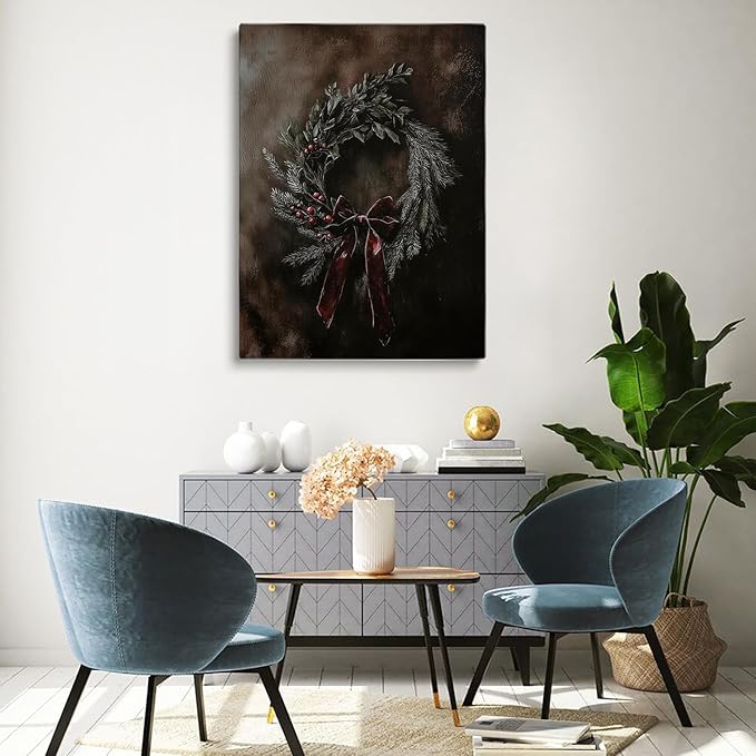 Vintage Moody Christmas Wall Decor,Dark Christmas Wreath Art, Vintage Christmas Vertical Print,Victorian Holiday Wall Art,Moody Winter Decor,Festive Wreath Art,Christmas Home Decor16x24inch Framed Art