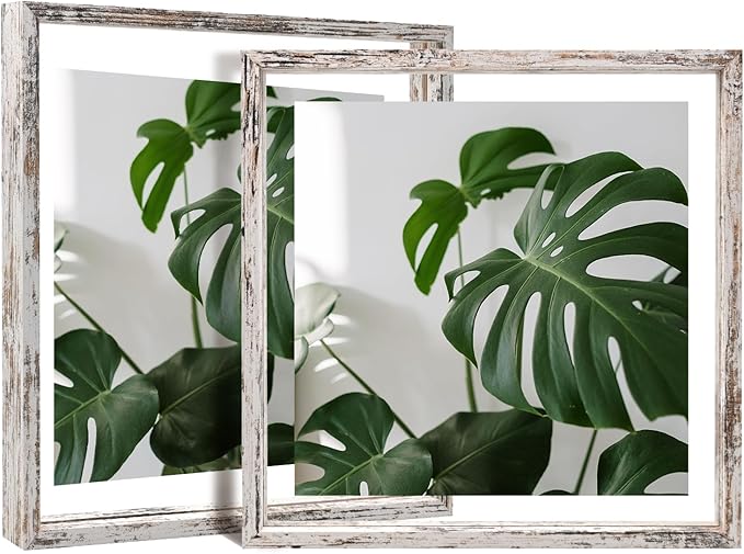 Egofine Distressed White 12x12 Floating Frames Set of 2, Double Plexiglass Picture Frame, Made of Solid Wood Display Any Size Photo up to 12x12, Wall Mount or Tabletop Standing