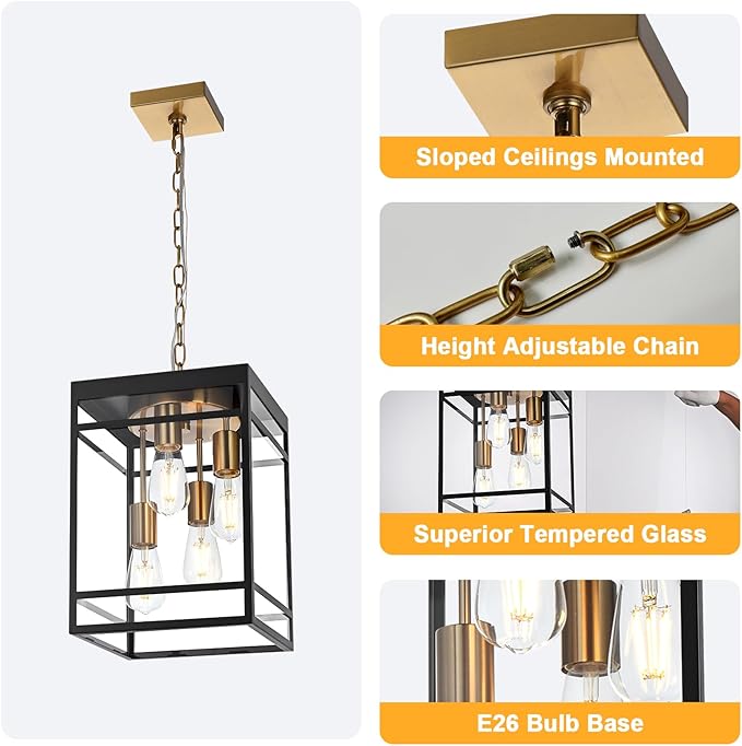 4-Light Outdoor Pendant Lights for Porch, Black & Brushed Brass Outdoor Chandelier 15.7'' Exterior Hanging Porch Light Fixtures w/Clear Glass, Waterproof Outside Pendant Lantern for Garage