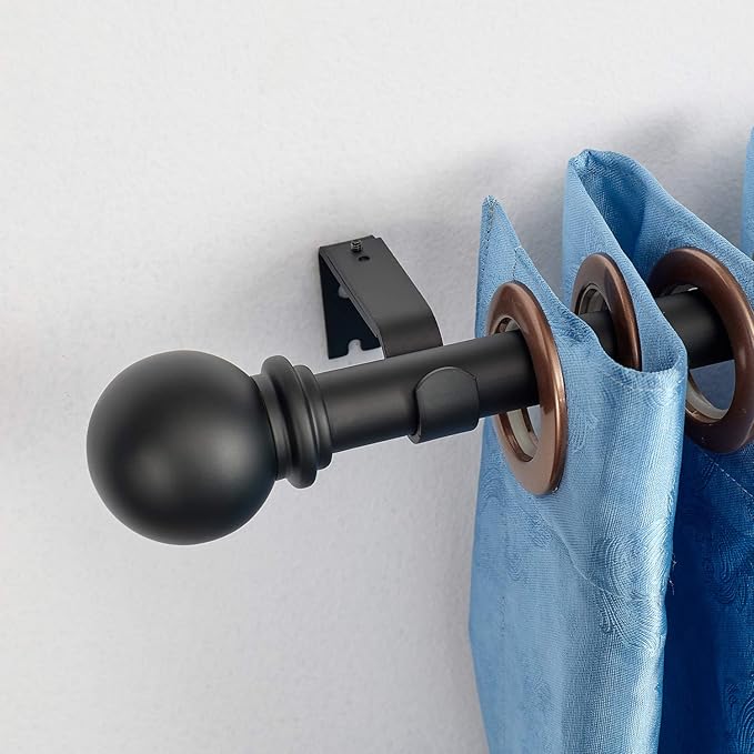 YunNephele Adjustable Window Curtain Rods 36-72 inches Matte Black, Classic Ball Finial Design Curtain Rod Set, Single Metal Iron Drapery Rod, 1 inch Heavy Duty Curtain Rod