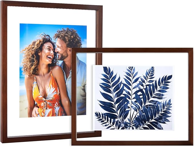 DLQuarts 11x14 Floating Photo Picture Frame, Floating Display for Photos 8x10, 7x9, 5x7, 8.5x11 Certificate, or Full Display for 11x14 Photos, Solid Wood, Double Glass, 2 Pack, Retro Walnut