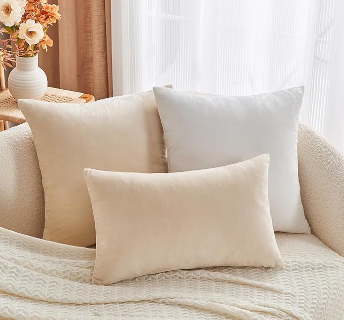 Throw Pillow Covers Neutral Beige Set of 2 16x16 Inch Pillow Covers, Soft Velvet Farmhouse Decorative Pillowcases for Couch Sofa Bed, Home Boho Decor, Modern Cushion Covers