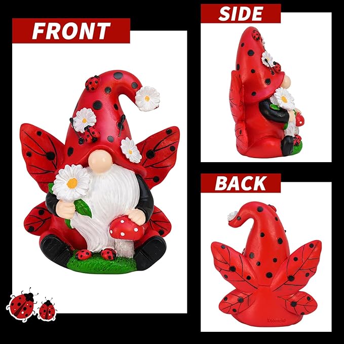 Ladybug Gnome Decorations - Resin Figurines for Spring Kitchen, Summer Garden, Lawn and Outdoor Decor - Gifts for Women
